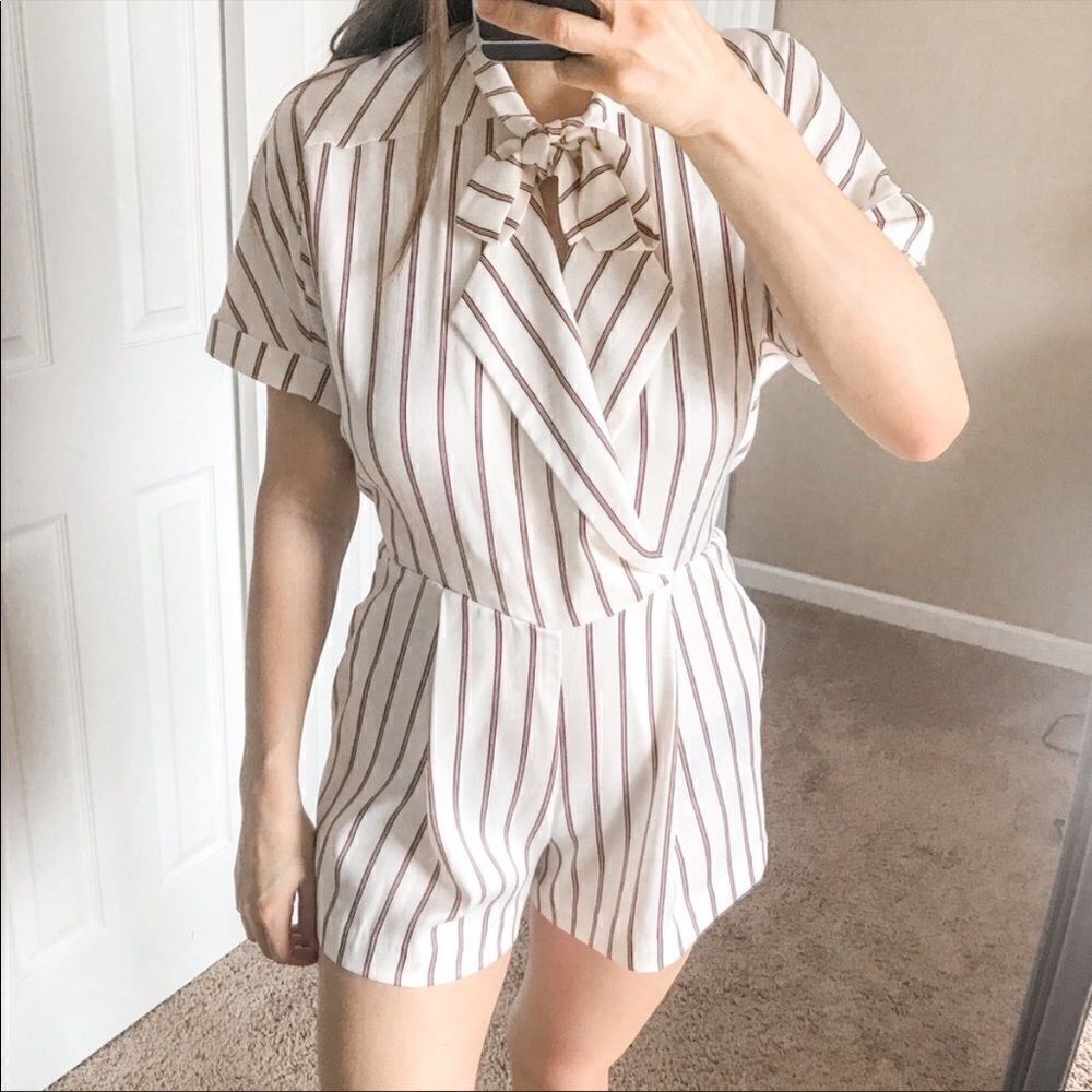 Maje Imaly Satin Playsuit Romper Striped Tie Neck